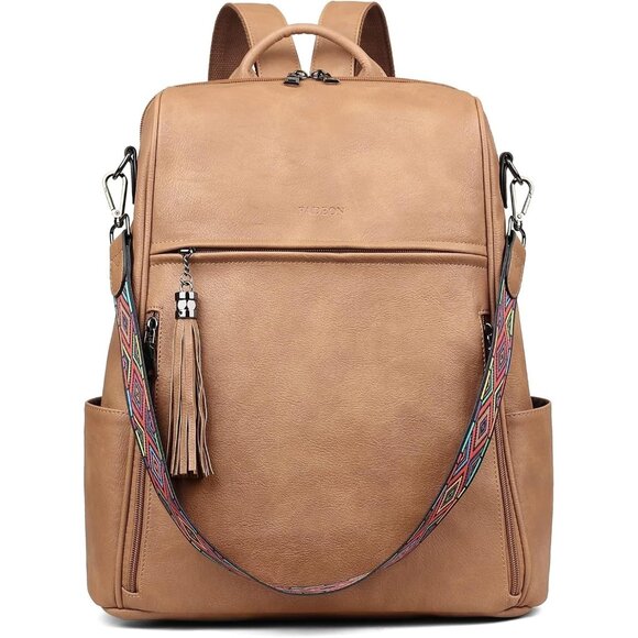 Women Camel Brown Retro Style Backpack Designer 15.6 inch PU Leather Laptop Bag - Picture 8 of 9